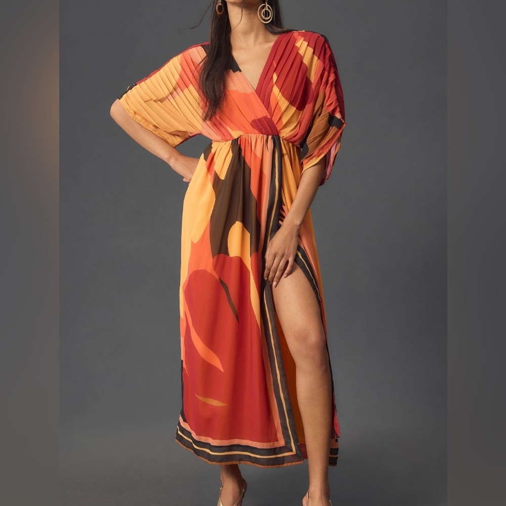 FARM Rio Red Orange & Yellow Abstract Pleated Maxi Dress - Picture 2 of 13